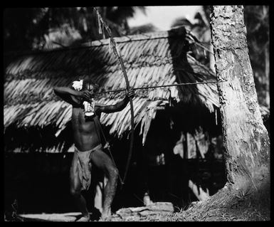 Arapesh man demonstrating an arrow release and a bowman's stance, Alitoa village, East Sepik Provence, Papua New Guinea