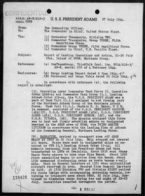USS President Adams - Rep of ops in the invasion of Guam Is, Marianas 7/21-26/44