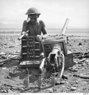 MILNE BAY, PAPUA. 1942-09. CLOSE UP OF A JAPANESE GUN REMOVED FROM A TANK BY THE JAPS WHEN THE TANKS WERE BOGGED AFTER THE LANDING AT MILNE BAY