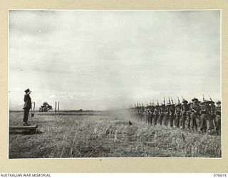 WAWIN, MARKHAM VALLEY, NEW GUINEA. 1944-10-24. NX4 BRIGADIER B.E. KLEIN, COMMANDER ROYAL ARTILLERY, 3RD DIVISION TAKES THE SALUTE FROM THE PERSONNEL OF THE 3RD DIVISION AFTER HIS INSPECTION OF THE ..