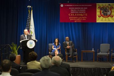 Asian American and Pacific Islanders (AAPI) Heritage event at HUD headquarters, with Hawaii Senator Daniel Inouye and Washington, D.C. television news anchor Eun Yang [among the guest speakers,] and Secretary Shaun Donovan and Deputy Secretary Ron Sims [among the HUD senior officials on hand]