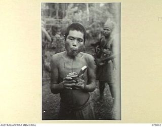 BOUGAINVILLE, SOLOMON ISLANDS. 1945-03-23. A JAPANESE PRISONER GUARDED BY NGN2 COMPANY SERGEANT MAJOR NGAI, OF NO.5 PLANTOON, A COMPANY, NEW GUINEA INFANTRY BATTALION, ATTACHED 7TH INFANTRY BRIGADE