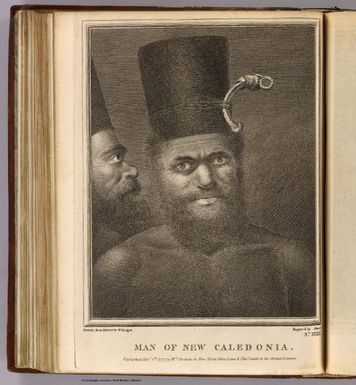 Man of New Caledonia. Drawn from nature by W. Hodges. Engrav' by (Francois Germain?) Aliamet. No. XXXIX. Published Feby. 1st, 1772 by Wm. Strahan in New Street, Shoe Lane & Thos Cadell in the Strand, London.