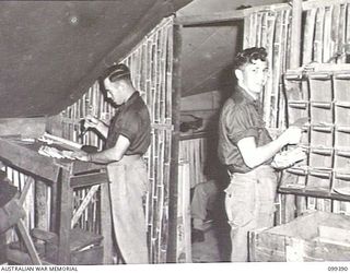 RABAUL, NEW BRITAIN, 1945-12-06. STAFF SERGEANT K. S. WEBSTER (1) AND PRIVATE R. A. KING (2), MEMBERS OF 11 DIVISION POSTAL UNIT, SORTING MAIL