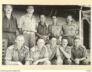 AT SEA. 1944-10-07. OFFICERS OF THE UNITS ATTACHED TO THE 36TH INFANTRY BATTALION ABOARD THE DUTCH TROOPSHIP "SWEARTENHONDT" EN ROUTE TO NEW BRITAIN. IDENTIFIED PERSONNEL ARE:- NX167042 LIEUTENANT ..