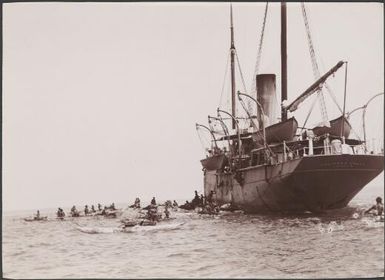 Southern Cross anchored off Te Motu, Santa Cruz Group, Solomon Islands, 1906 / J.W. Beattie