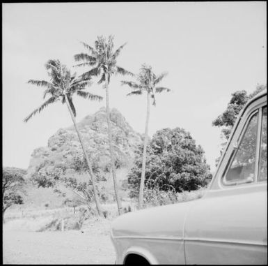 View towards a rocky outcrop and palm trees, Fiji, 1966 / Michael Terry