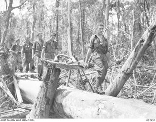 BOUGAINVILLE. 1945-05-21. THE ONLY CASUALTY FROM THE ATTACK BY C COMPANY, 24 INFANTRY BATTALION, AGAINST JAPANESE POSITIONS ON EGAN'S RIDGE WAS AN INFANTRYMAN WHO FELL DOWN A SLOPE WITH A HEAVY ..