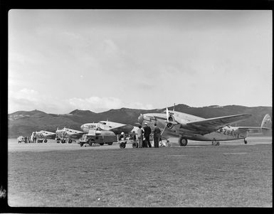 Aircrafts lined up for refueling and loading of luggage, Rongotai Airport, Wellington