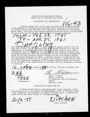 Volume 43: Immigration Service Forms, February 28, 1921 - April 27, 1921