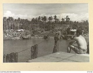 MADANG, NEW GUINEA. 1944-05-12. THE VIEW FROM AN AMERICAN MERCHANT "LIBERTY" SHIP LOOKING BEYOND THE LANDING BEACH TOWARDS THE BATTERED HOUSES. THE BUILDING ON THE RIGHT IS USED AS A MILITARY ..