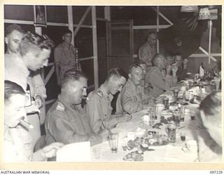 BOUGAINVILLE. 1945-09-22. SENIOR OFFICERS ATTENDING THE DINNER GIVEN BY MAJOR GENERAL W. BRIDGEFORD, GENERAL OFFICER COMMANDING 3 DIVISION, TO ALL UNIT COMMANDERS