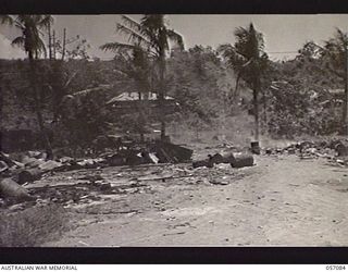 LAE, NEW GUINEA. 1943-09-19. REMAINS OF THE TOWNSHIP AFTER THE CONTINUED HEAVY ALLIED BOMBING, PRIOR TO THE INVASION