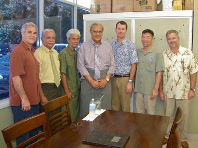 Pago Pago, American Samoa, March 14, 2011 -- Deputy Administrator Manning and PRiMO partners meet with Pago Pago leadership. From left to right: Dr. Jeffrey Payne, Chair of the Pacific Risk Management 'Ohana (PRiMO); Representative Henry Sesepasara; Pago Pago Council member Pulu Ae Ae, Jr. ; Senator Mauga T. Asuaga; Tim; Dr. Karl Kim, Executive Director of the National Disaster Preparedness Training Center at the University of Hawaii; Jim Fernandez, NDPC Chair (Courtesy of Bill Thomas, NOAA)