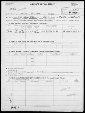 VMF-121 - ACA Rep #8 - Bombing Gagil-Tomil & Yap Airfields & Strafing Around Island & Plane Revetments, Yap Is, Carolines 11/18/44