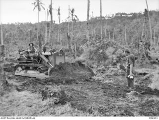 MALAGUNA MISSION, RABAUL, NEW BRITAIN, 1945-09-10. FOLLOWING THE LANDING BY TROOPS OF 4 INFANTRY BRIGADE TO OCCUPY RABAUL AFTER THE JAPANESE SURRENDER, A BULLDOZER OF 55 FIELD PARK COMPANY, ROYAL ..