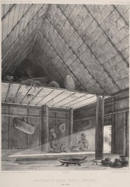 Interieur d'une case a Lebouka, Iles Viti / dessine par L. Le Breton; lith. par P. Blanchard