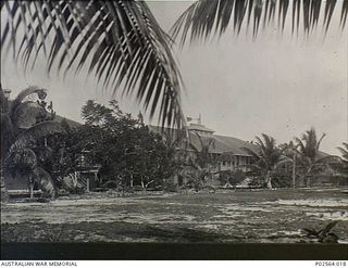 Fanning Island. September 1914. Buildings of the Pacific Cable Board on Fanning Island. On the left is the office, bachelor's quarters in the centre and the superintendant's house on the right. On ..