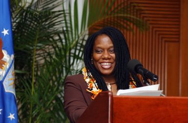 Author Tracy Price-Thompson gives a speech during the Black History Month Luncheon at the Tradewinds Enlisted Club at Hickam Air Force Base, Hawaii, on Feb. 4, 2005. (PHOTO by Angela Elbern, CIV) (Released)