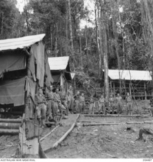 New Guinea. 1943-07-20. Members of the 2/6th Australian Infantry Battalion, AIF, at the House Banana Staging Camp which was about five miles south west of Mubo. The soldiers are, from the left, ..