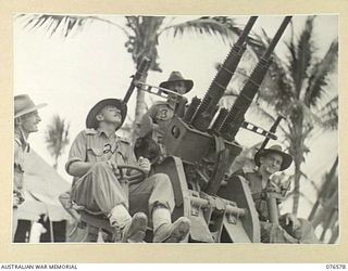 HOSKINS, NEW BRITAIN. 1944-10-09. OFFICERS OF THE 36TH INFANTRY BATTALION WITH A CAPTURED JAPANESE TWIN BARREL ANTI-AIRCRAFT GUN. IDENTIFIED PERSONNEL ARE:- NX166133 CAPTAIN L.W. MCGLYNN (1); ..
