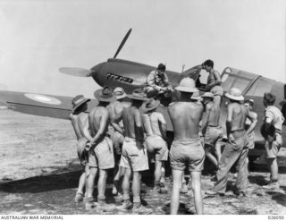 PAPUA, NEW GUINEA. 1942-07-27. AUSTRALIAN FIGHTER PILOTS WHO HAVE BEEN IN ACTION IN ENGLAND AND THE MIDDLE EAST, OVER MALTA AND MALAYA ARE NOW IN NEW GUINEA. HERE BAREBACKED AND SUNTANNED DIGGERS ..