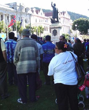 Photographs of a protest for the repeal of the Citizenship (Western Samoa) Act of 1982, Parliament Grounds, Wellington