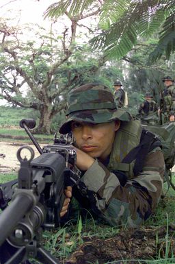 Lance Corporal Gregorio Alvarez, lying in the prone position, and unidentified Marines with Company A, Battalion Landing Team 1/5, the ground combat element for the 31st Marine Expeditionary Unit (MEU), ensure that there is no avenue of approach uncovered during Training in an Urban Environment Exercise (TRUEX) 99-2. The training is conducted to prepare 31st MEU Marines on the unique situations encountered when operating in urban environments and performing missions including non-combatant evacuations, humanitarian assistance and show-of-force operations