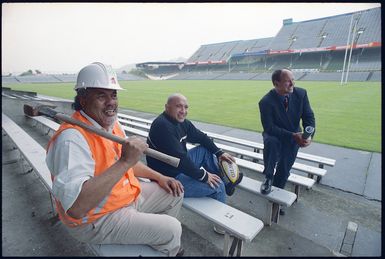 Wellington Tenths Trust representative Mahara Okeroa with Norm Hewitt and David White at Athletic Park - Photograph taken by Craig Simcox