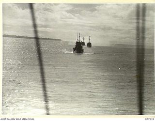 PURIATA RIVER, BOUGAINVILLE ISLAND. 1944-12-31. ALLIED LANDING CRAFT INFANTRY GUNBOATS RETURNING TO PORT AFTER STRAFING JAPANESE COASTAL POSITIONS DURING A COMBINED NAVAL - AIR FORCE OPERATION ..