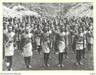 CAMP TAMKAIDAN, NEW BRITAIN. 1945-01-14. NATIVE TROOPS OF THE ALLIED INTELLIGENCE BUREAU (AIB) DURING THE MORNING PARADE FOR THE COMMANDING OFFICER'S INSPECTION. MAN BILOG BUSH. ALL AIB TRAINED ..