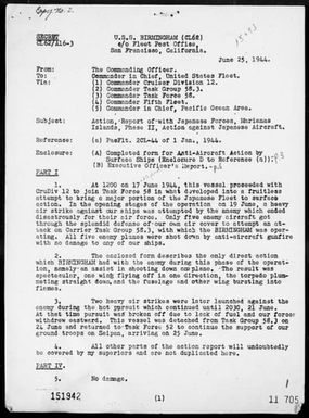 USS BIRMINGHAM - Report of operations in support of the invasion of Saipan Island, Marianas, 6/17-25/44, including A A action on 6/20/44