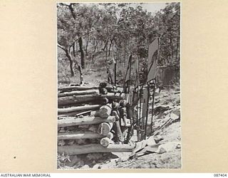 HERBERTON, QUEENSLAND. 1945-03-08. LANCE CORPORAL N. CHEESEMAN, (1), ALONGSIDE LIEUTENANT A.C. DOUGLAS, (2). THE MEN, MEMBERS OF THE 2/1 GUARD REGIMENT, WATCH TARGETS INDICATED DURING THE GENERAL ..