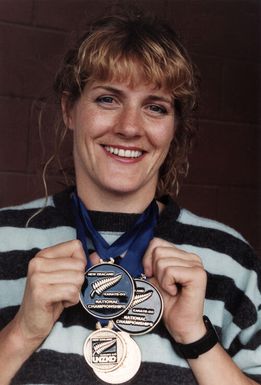 Karate; kei shin kan instructor Stella Lenihan with medals from medals from Oceania Champs and NZ nationals.