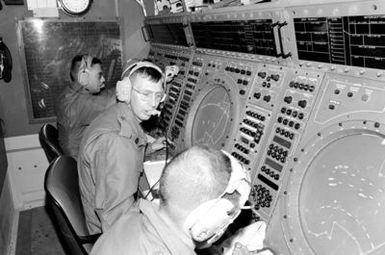 Members of Marine Air Control Squadron Two monitor radar scopes being used to detect "enemy" aircraft at the Tactical Air Operations Center during Operation KERNAL BLITZ