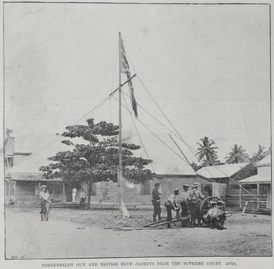 Nordenfeldt Gun and British Blue Jackets near the Supreme Court, Apia