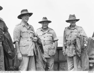 BOUGAINVILLE. 1945-03-24. GENERAL SIR THOMAS A. BLAMEY, COMMANDER-IN-CHIEF, ALLIED LAND FORCES, SOUTH WEST PACIFIC AREA (1), WITH LIEUTENANT-GENERAL S.G. SAVIGE, GENERAL OFFICER COMMANDING 2 CORPS ..