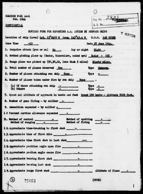 USS SAN DIEGO - AA Act Rep, 6/27/44, Northwest of Guam Is, Marianas