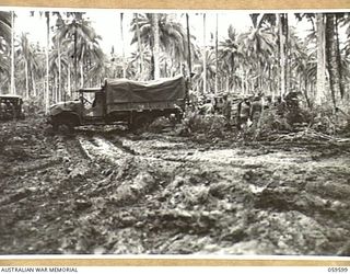 LANGEMAK AREA, NEW GUINEA, 1943-11-01. TROOPS OF THE 870TH UNITED STATES ENGINEER AVIATION BATTALION UNLOADING SUPPLIES IN THE GODOWA AREA IN PREPARATION FOR THE BUILDING OF A NEW ROAD TO THE ..