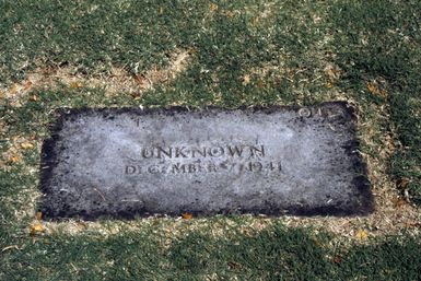 A view of one of the grave markers of an unknown soldier killed during the Japanse attack on Pearl Harbor, December 7, 1941. The grave is located at the Punchbowl, National Memorial Cemetery of the Pacific, which was officially opened January 4, 1949