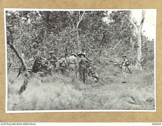 DONADABU AREA, NEW GUINEA. 1943-11-30. A GROUP OF UMPIRES WHO ARE TO ADJUDICATE THE COMBINED EXERCISES OF THE 2/10TH AUSTRALIAN INFANTRY BATTALION AND THE 2/4TH AUSTRALIAN FIELD REGIMENT. SHOWN ..