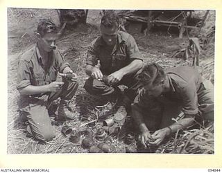 ILIPEM, NEW GUINEA, 1945-07-31. PRIVATE H. APPLETON (1), SERGEANT HODGES (2) AND PRIVATE MCINNES (3), MEMBERS OF 2/5 INFANTRY BATTALION, WINDING UP TRIP WIRES ROUND THEIR BOOBY TRAPS AFTER HAVING ..