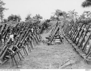 KOKOPO AREA, NEW BRITAIN. 1945-09-16. A JAPANESE MORTAR DUMP ON THE BEACH NEAR KOKOPO