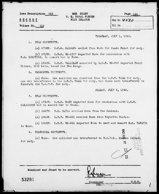 COMNAVFOR, FIJI IS - War Diary, 7/1-31/43