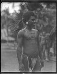 Man with leaf and flower ornaments in his hair, Santa Catalina