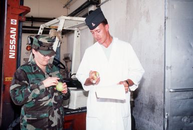 SFC. Lucinda Bateman and SGT. Timothy R. Scuscka take temperatures and readings of selected pears and apples that have undergone an inspection by the US Army Veterinary Service Support Unit at the Naval Commissary on Guam