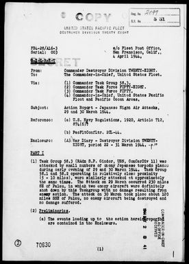 COMDESDIV 28 - Rep of Jap Night Air Attacks, 3/29-30/44, Palau Islands