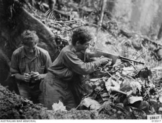 1943-08-11. NEW GUINEA. MOUNT TAMBU FIGHTING. PTE. LESLIE GREENWOOD, OF BRISBANE, QUEENSLAND. PTE. KEN PUNNELL, OF ROCKHAMPTON, QUEENSLAND, IN A SLIT TRENCH DUG AT THE FOOT OF A TREE IN THE JUNGLE ..