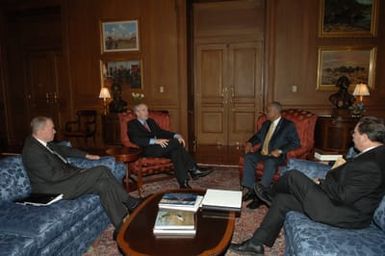 [Assignment: 48-DPA-02-26-08_SOI_K_Bice_Penn] Secretary Dirk Kempthorne [meeting at Main Interior with Department of Defense delegation including the Assistant Secretary of the Navy for Installations and Environment], S.J. Penn, and [the Executive Director of the Joint Guam Program Office, retired] Major General David Bice [48-DPA-02-26-08_SOI_K_Bice_Penn_IOD_1231.JPG]