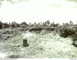 NEW IRELAND, 1945-10. ALLIED SERVICE PERSONNEL EXAMINING A LARGE HOLE IN THE GROUND. (RNZAF OFFICIAL PHOTOGRAPH.)